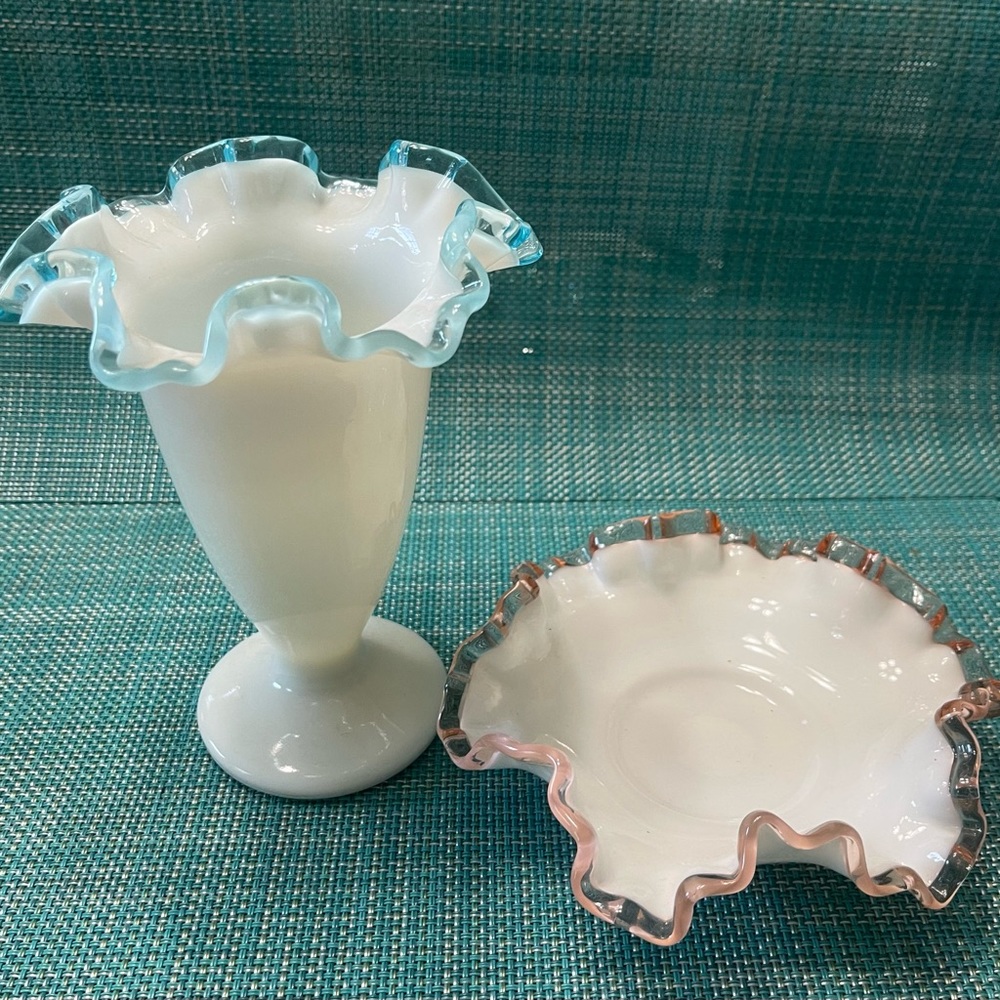 Fenton Blue Crest Vase & Peach Crest Plate
